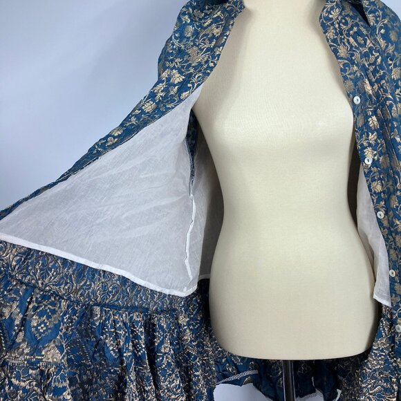 Pep's Cannes Versailles Mini Dress Jacquard Blue Teal Gold Belt Pleated Ruffled - Picture 15 of 16